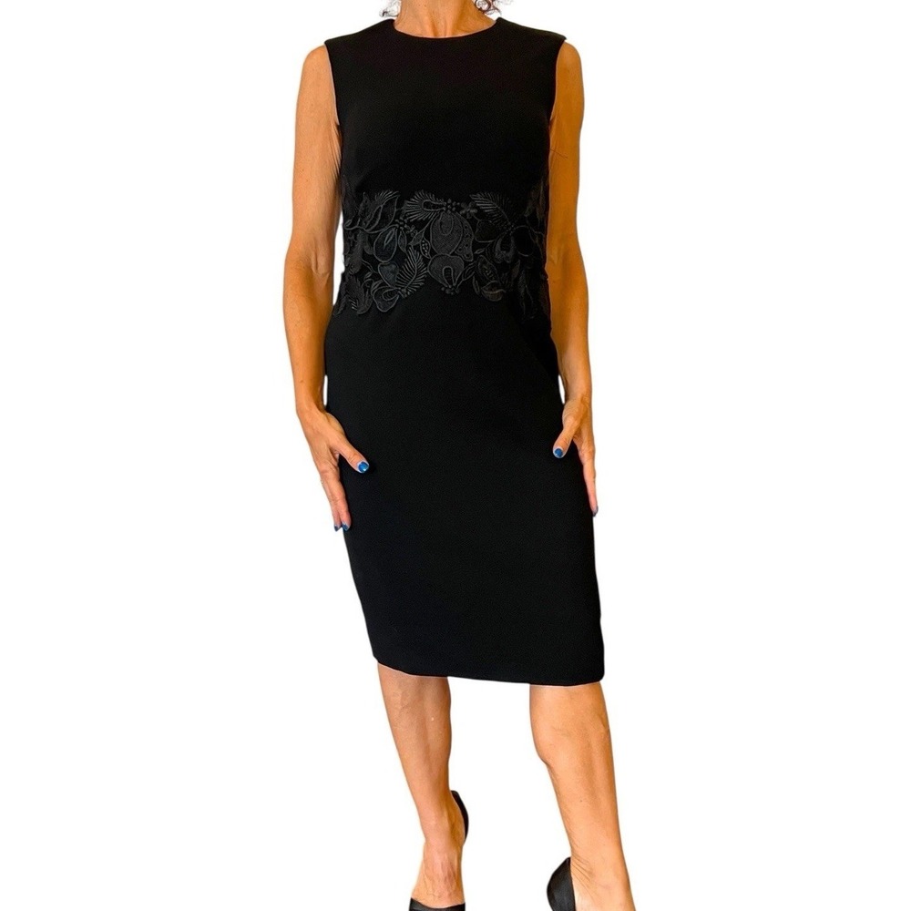 Lela Rose Women's 6 Dress Black Wool Crepe Sheath Sleevelesss Floral Embroidered